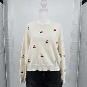 Jessica Simpson Fruit Cherry Embroidered Sweater M‎ Cream Novelty Knit Coquette